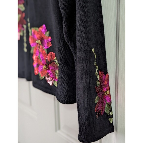 VTG Christmas Poinsettia Cardigan Sweater XS Black Sequins Embroidered Faux Fur - Picture 4 of 11
